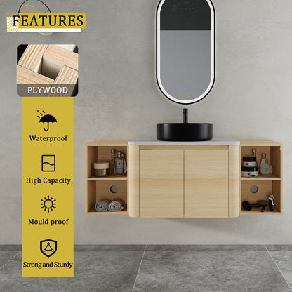 54 inch White Oak Bathroom Vanity with Black Ceramic Vessel Sink and Two Open Shelves-material