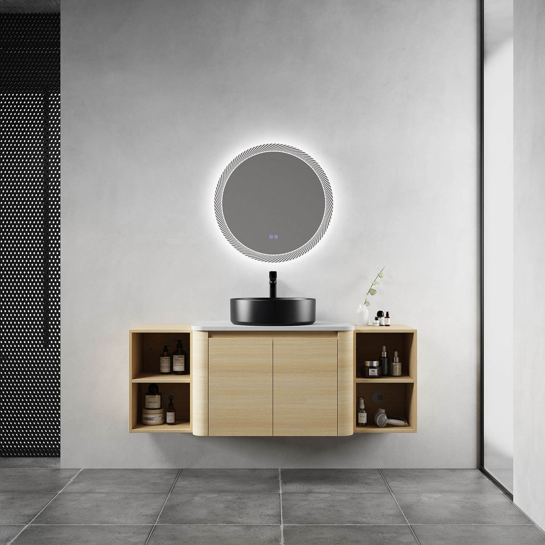 54 inch White Oak Bathroom Vanity with Black Ceramic Vessel Sink and Two Open Shelves