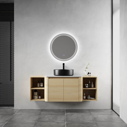 54 inch White Oak Bathroom Vanity with Black Ceramic Vessel Sink and Two Open Shelves