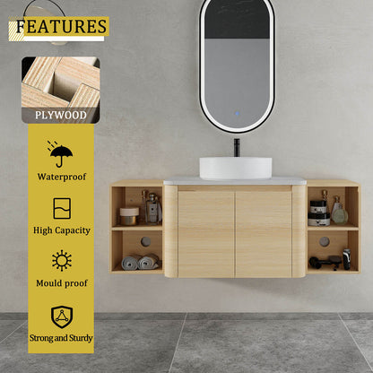 54 inch White Oak Bathroom Vanity with White Ceramic Vessel Sink and Two Open Shelves-material