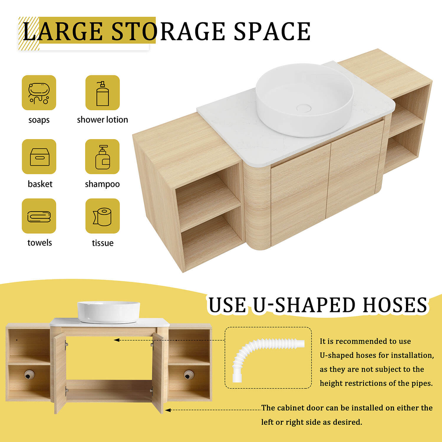54 inch White Oak Bathroom Vanity with White Ceramic Vessel Sink and Two Open Shelves-storage space