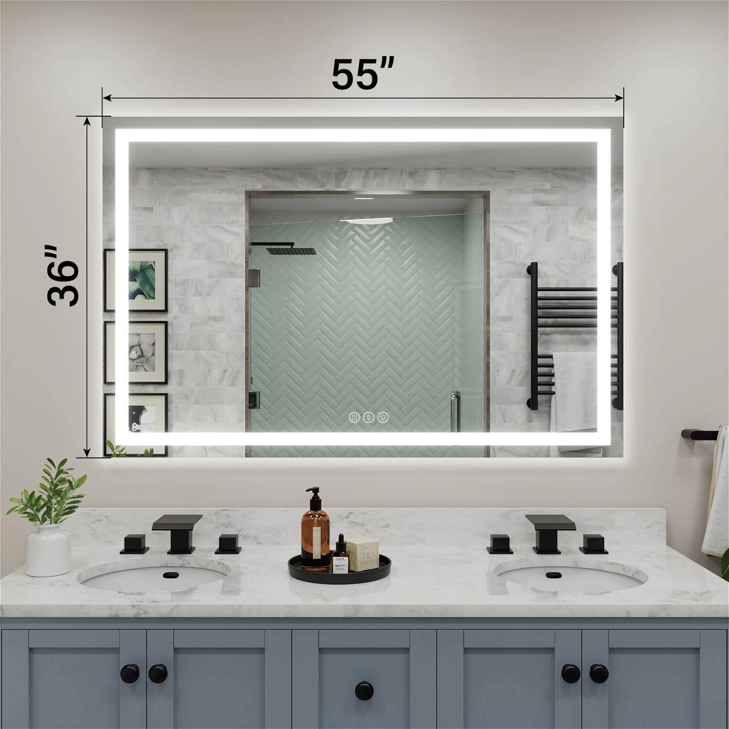 55W x 36H inch LED bathroom mirror with clear dimension markings on surface