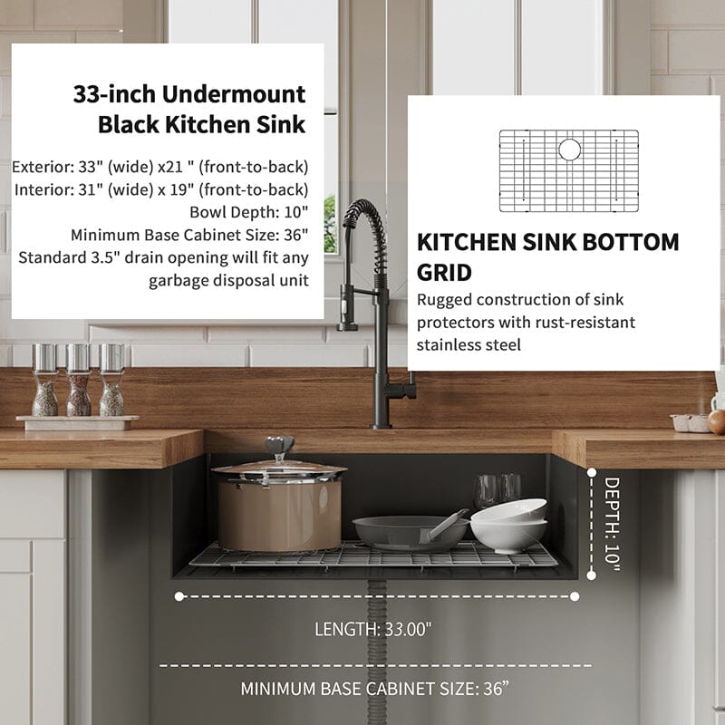 33&quot; x 21&quot; Undermount Kitchen Sink 16 Gauge Stainless Steel Single Bowl with Bottom Grid, Roll-up Rack, Drainer