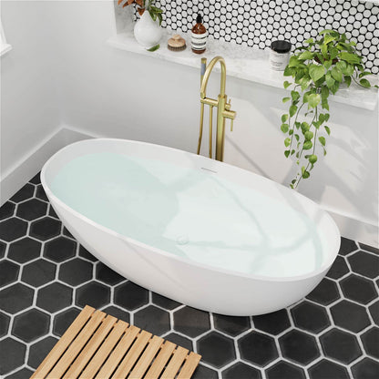 55&quot; Stone Resin Freestanding Small Bathtub, Oval Soaking Tub with Pop-up Drain and Overflow