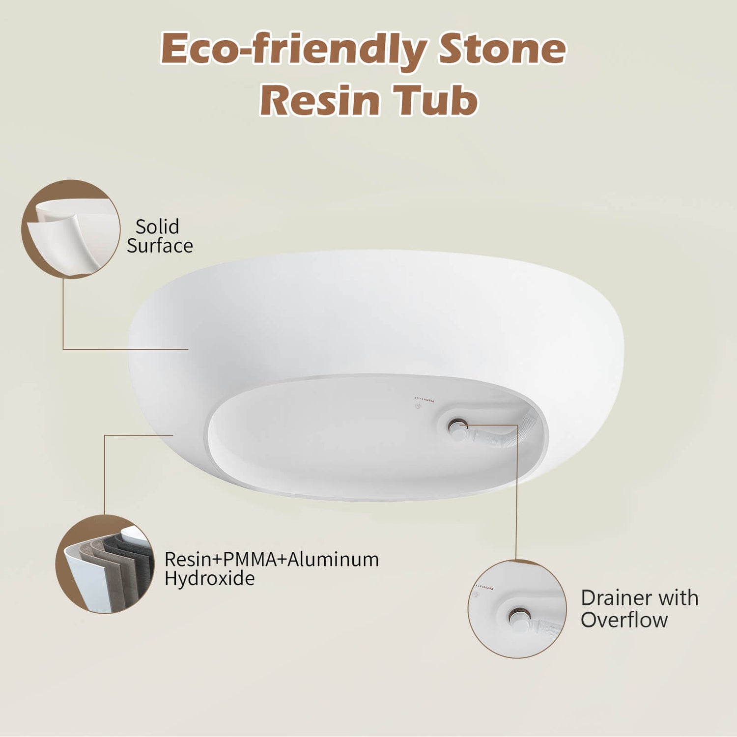 55&quot; Stone Resin Freestanding Small Bathtub, Oval Soaking Tub with Pop-up Drain and Overflow