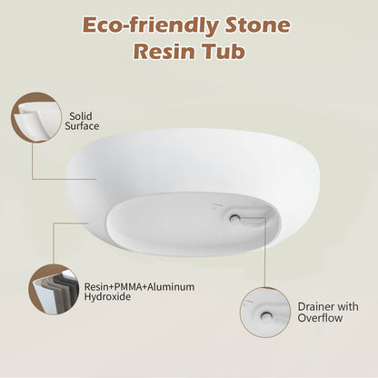 55&quot; Stone Resin Freestanding Small Bathtub, Oval Soaking Tub with Pop-up Drain and Overflow