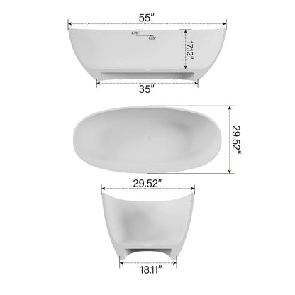 55&quot; Stone Resin Freestanding Small Bathtub, Oval Soaking Tub with Pop-up Drain and Overflow