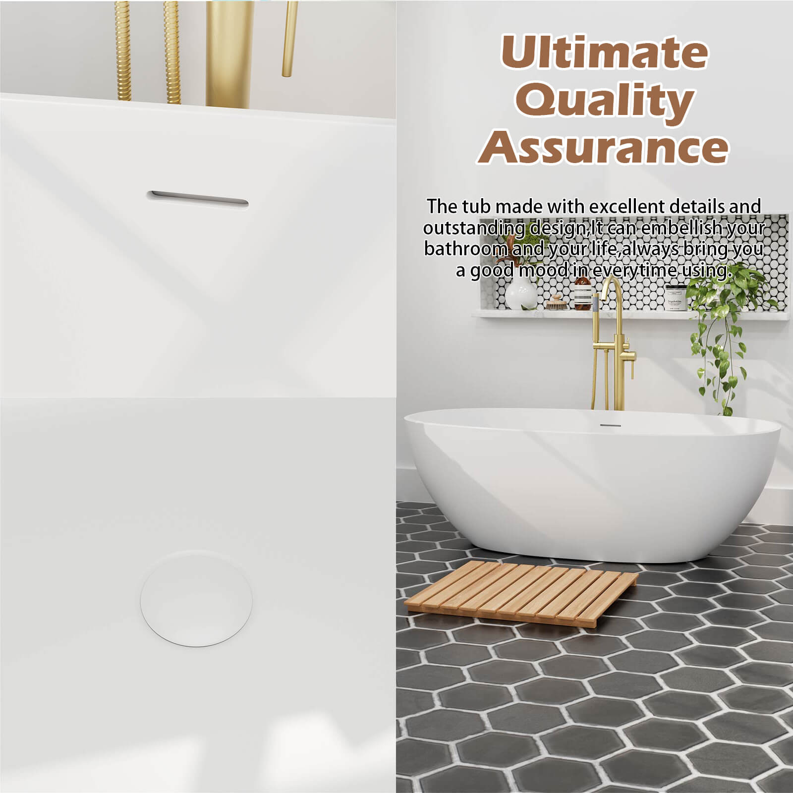 55&quot; Stone Resin Freestanding Small Bathtub, Oval Soaking Tub with Pop-up Drain and Overflow