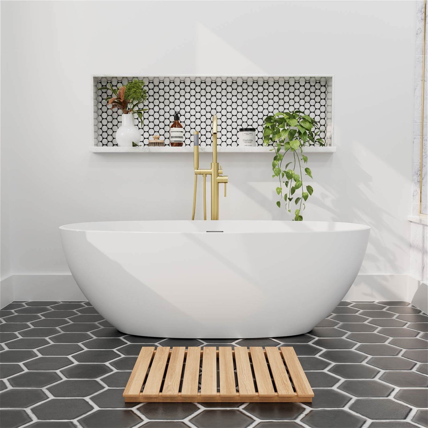 55&quot; Stone Resin Freestanding Small Bathtub, Oval Soaking Tub with Pop-up Drain and Overflow