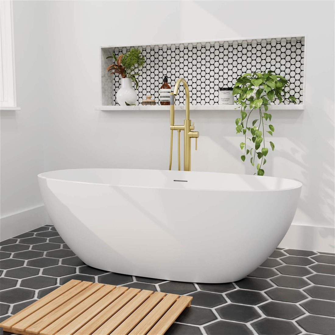 55&quot; Stone Resin Freestanding Small Bathtub, Oval Soaking Tub with Pop-up Drain and Overflow