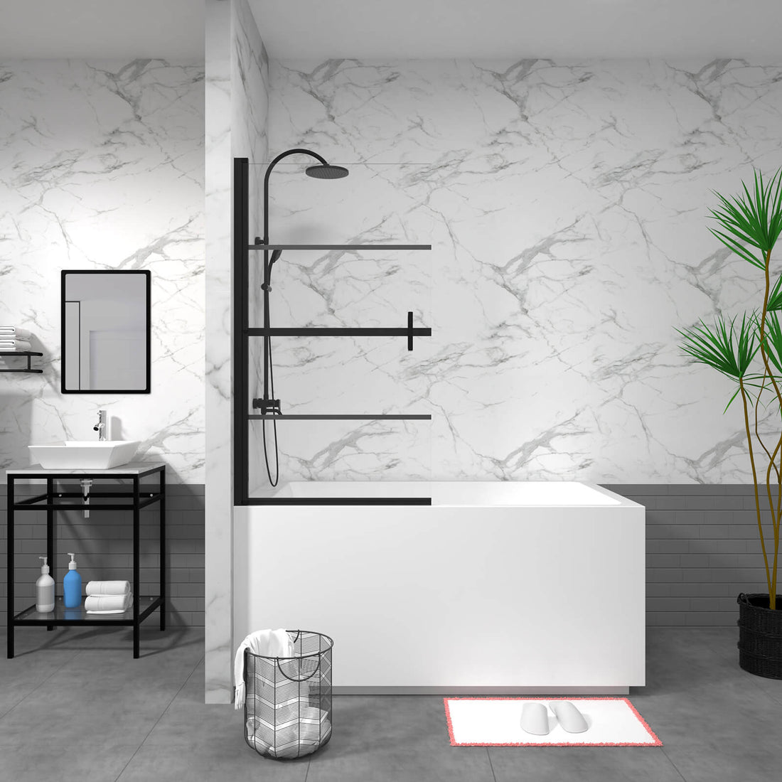 55x31.5 inch black Semi Frameless bathtub screen with pivot hinge