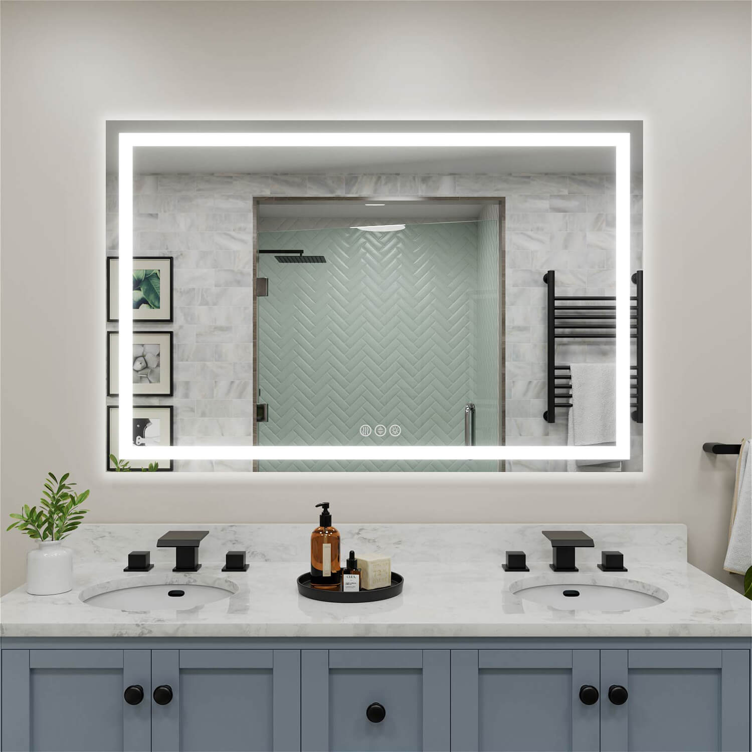 55x36 inch LED bathroom mirror with edge lighting and touch control buttons