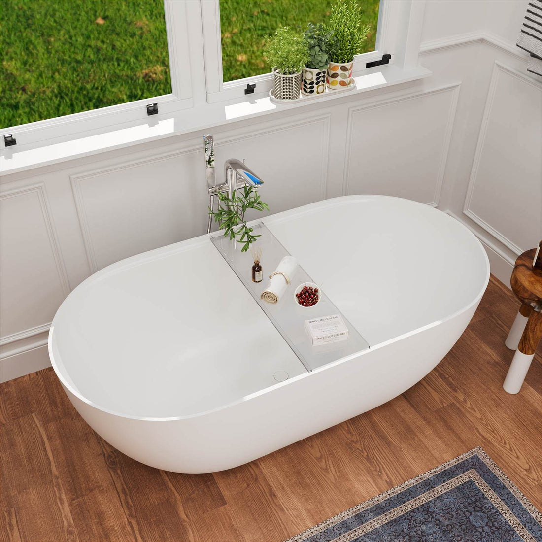 59 inch solid surface oval soaking tub with free bath tray