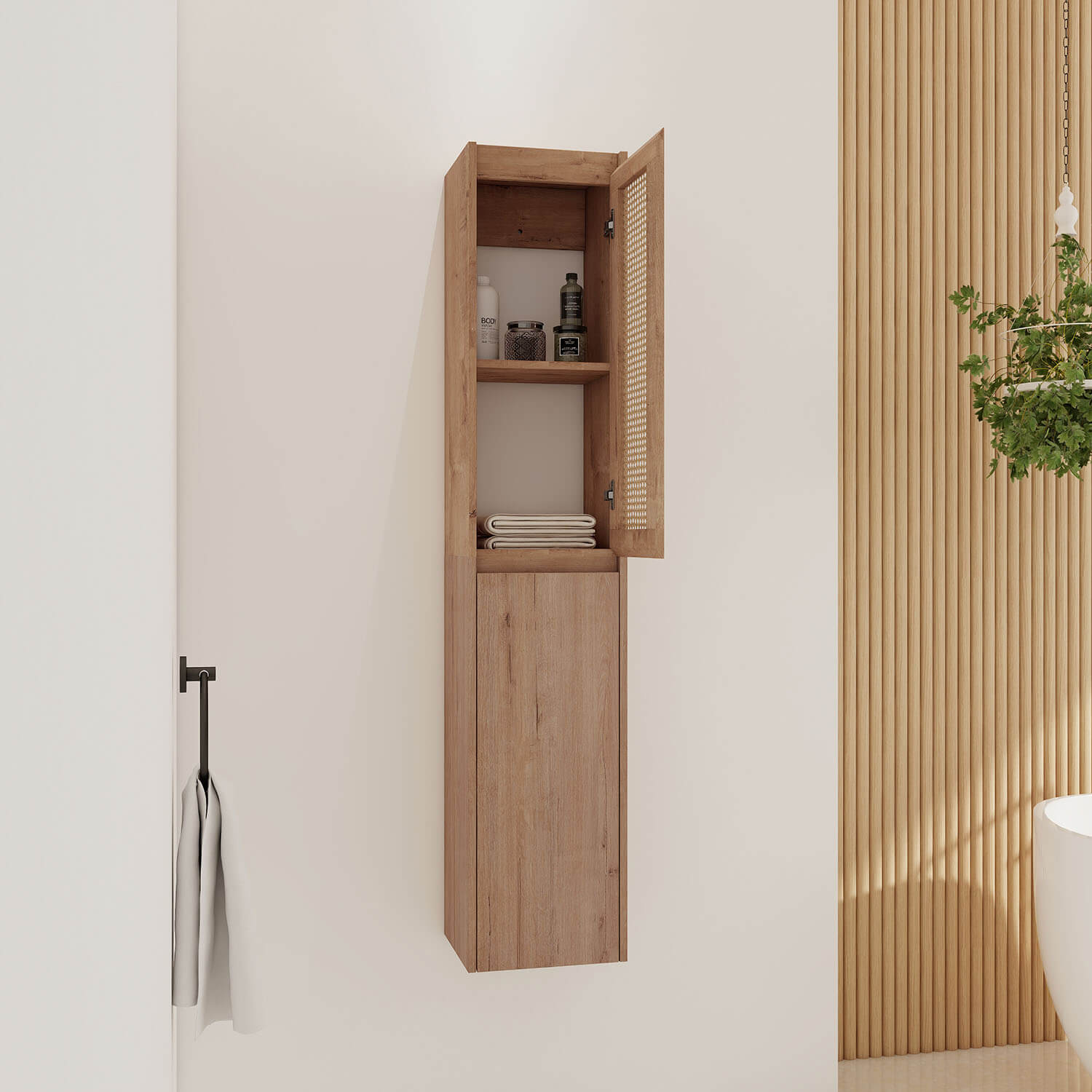 59-inch Tall White Oak Bathroom Wall Cabinet with Rattan Door and Shelves