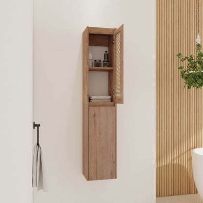 59-inch Tall White Oak Bathroom Wall Cabinet with Rattan Door and Shelves
