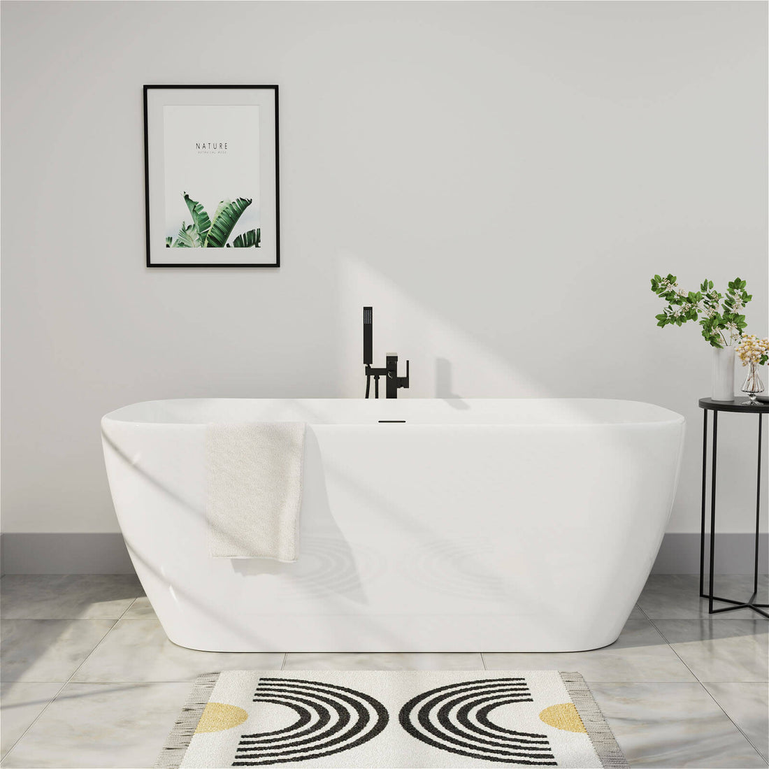 59 Inch Acrylic Flatbottom Modern Freestanding Soaking White Bathtub