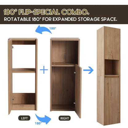 59" Tall White Oak Bathroom Wall-Cabinet with Doors and Open Shelf