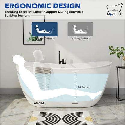 59 inch Acrylic Double Slipper Bathtub Ergonomic design