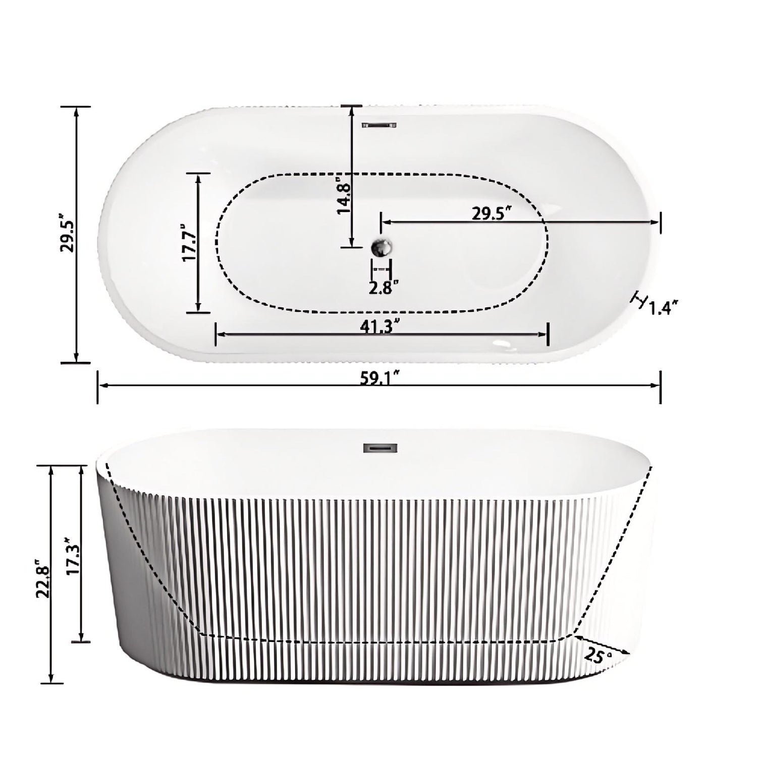 59 inch Fluted Oval Freestanding Tub Size