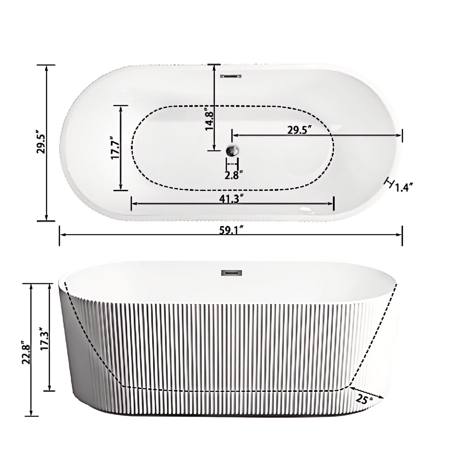 59 inch Fluted Oval Freestanding Tub Size