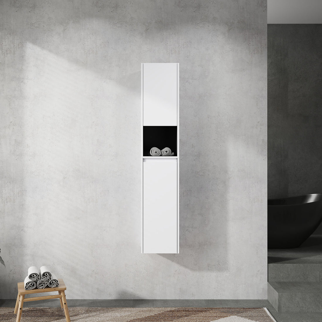 59 inch Tall White Bathroom Wall Cabinet with Doors and Open Shelf