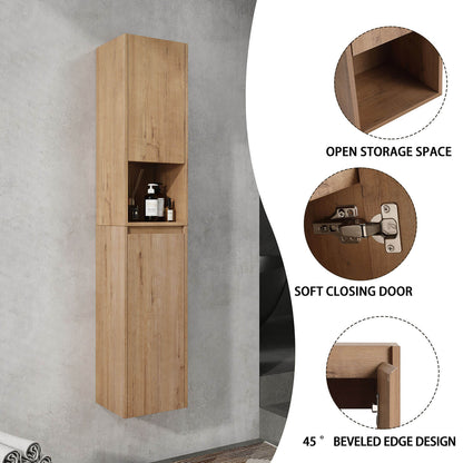 59 inch Tall White Oak Bathroom Wall Cabinet-Doors and Open Shelf