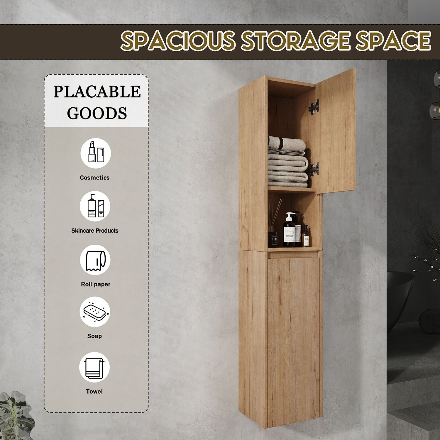 59 inch Tall White Oak Bathroom Wall Cabinet with Doors and Open-Shelf