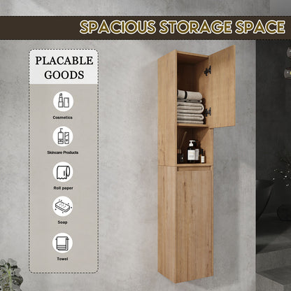 59 inch Tall White Oak Bathroom Wall Cabinet with Doors and Open-Shelf