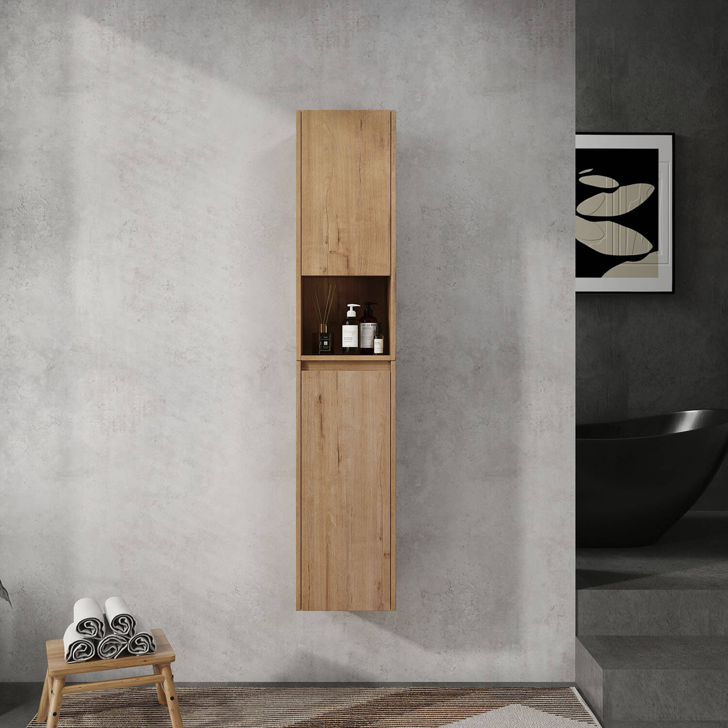 59 inch Tall White Oak Bathroom Wall Cabinet with Doors and Open Shelf