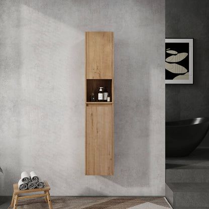 59 inch Tall White Oak Bathroom Wall Cabinet with Doors and Open Shelf