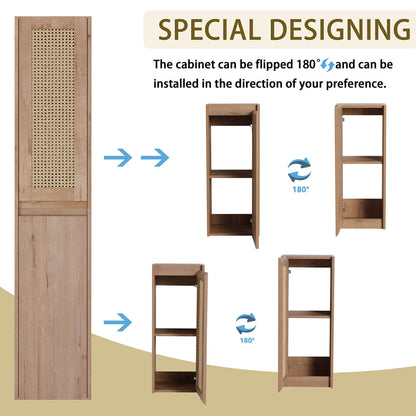59 inch Tall White Oak Bathroom Wall Cabinet with Rattan Door and Shelves-special design