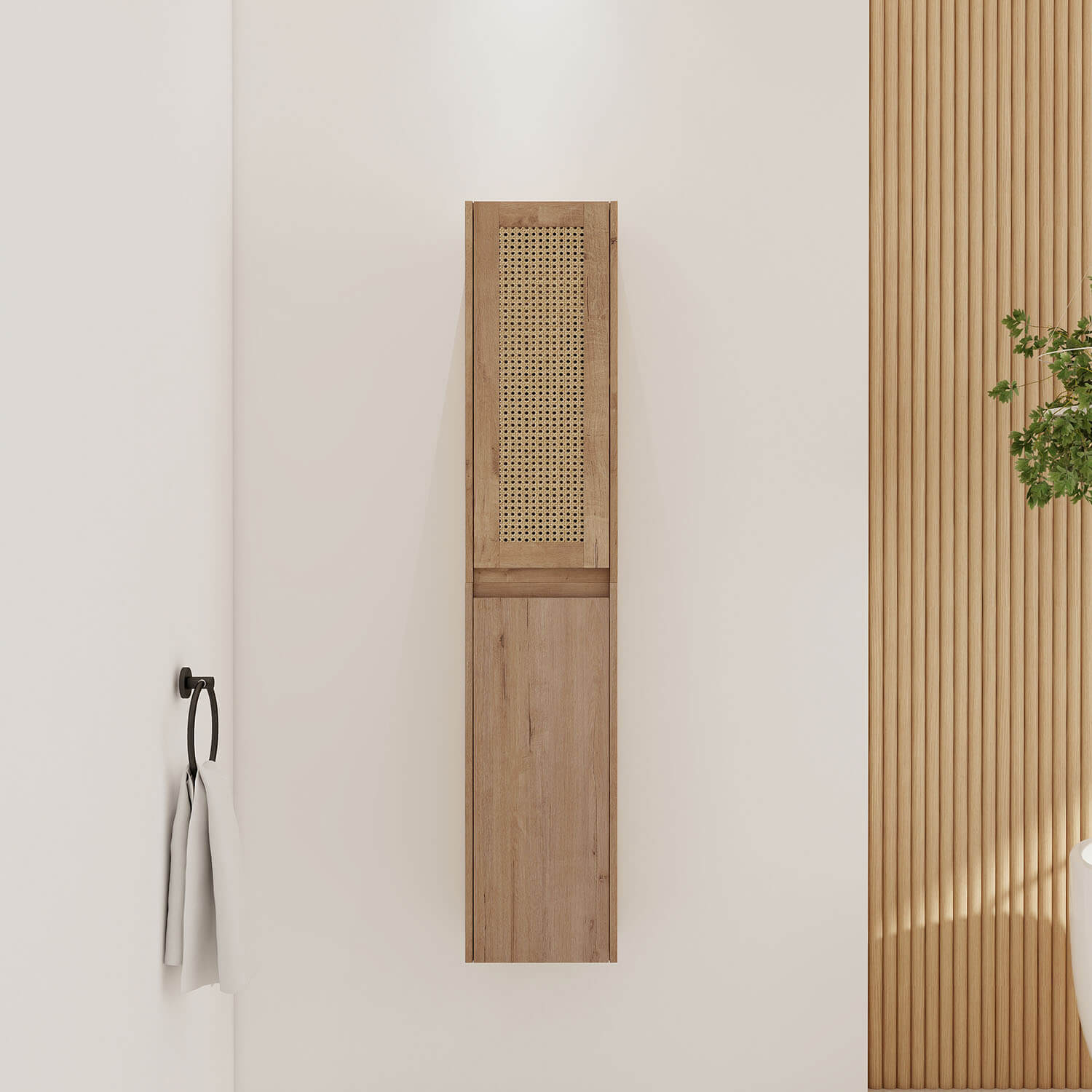 59 inch Tall White Oak Bathroom Wall Cabinet with Rattan Door and Shelves