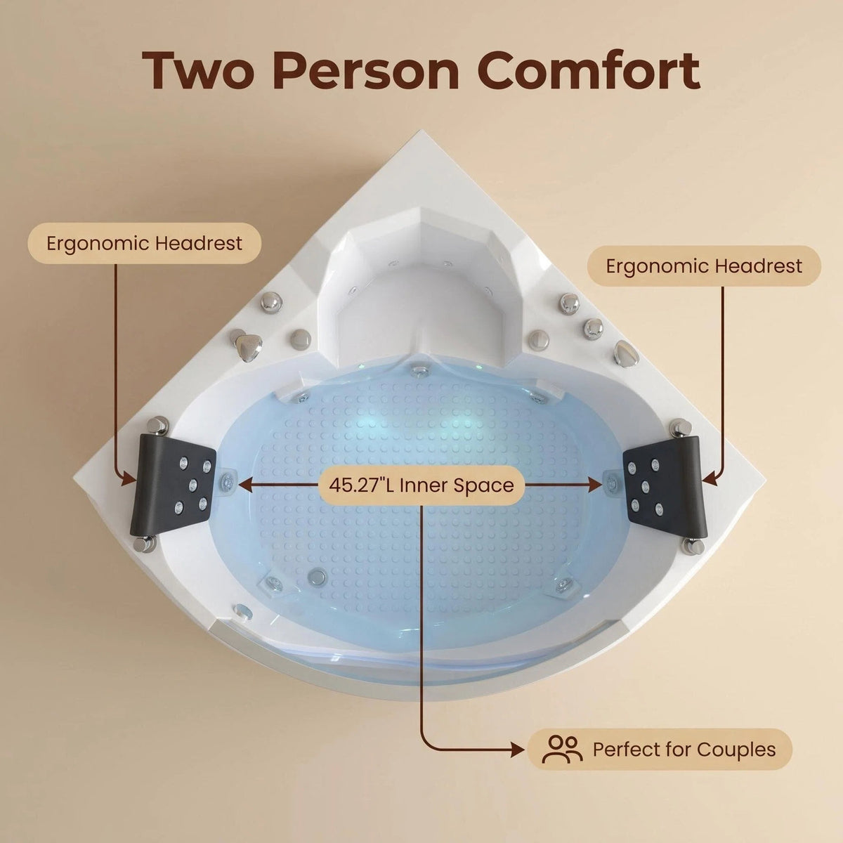 59in Corner Spa Tub Ergonomic Headrests 45in Inner Space