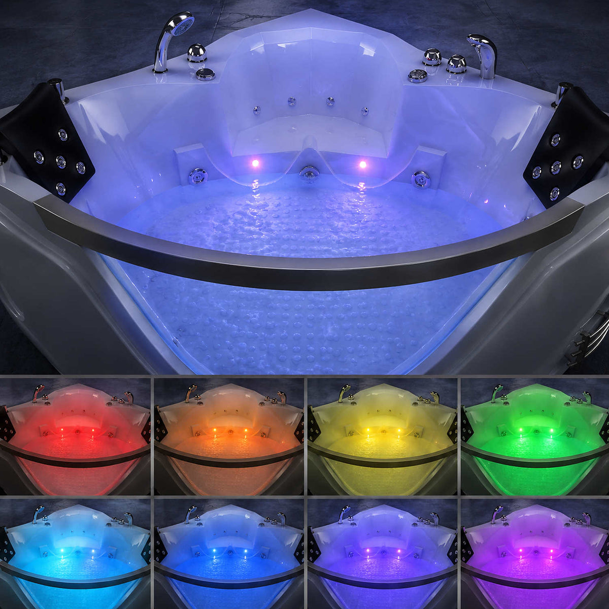 59in Corner Whirlpool Bathtub 2 Person 20 Jets RGB LED Color Modes