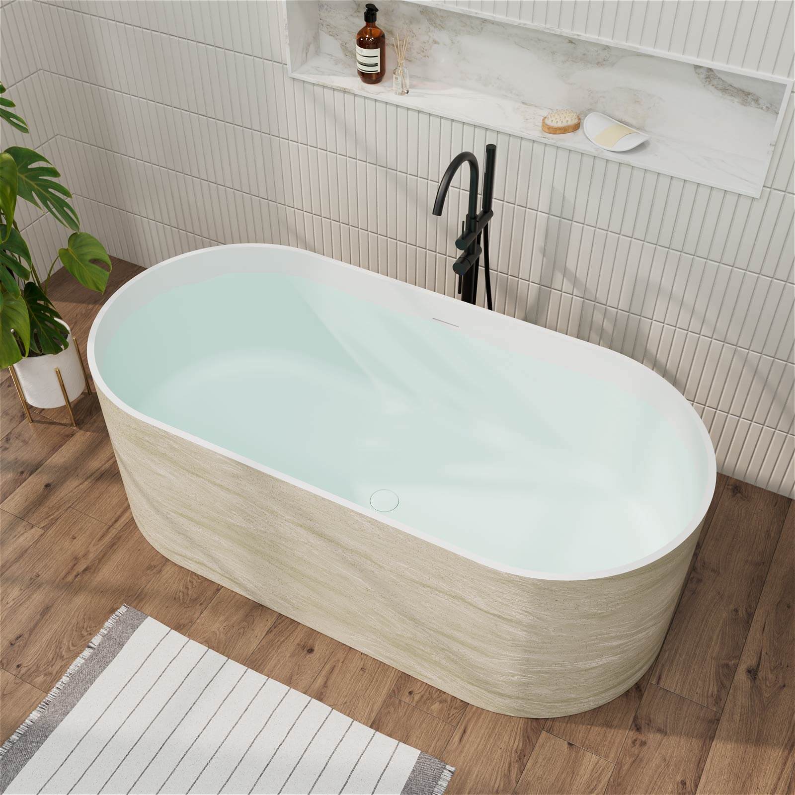 63" Beige Freestanding Solid Surface Bathtub in Stone Resin