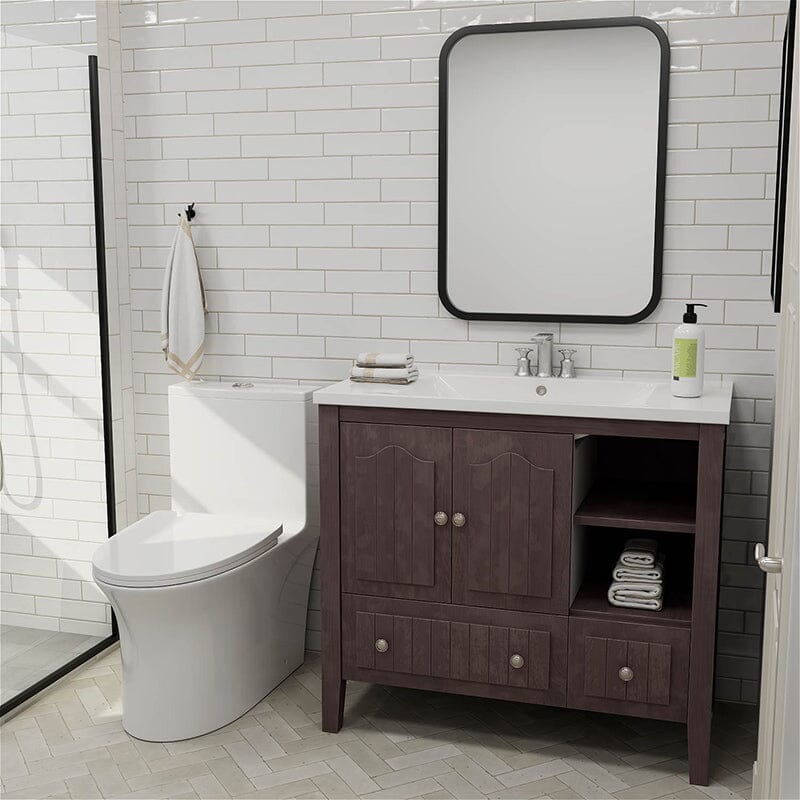Sturdy bathroom vanity with ceramic sink and freestanding legs