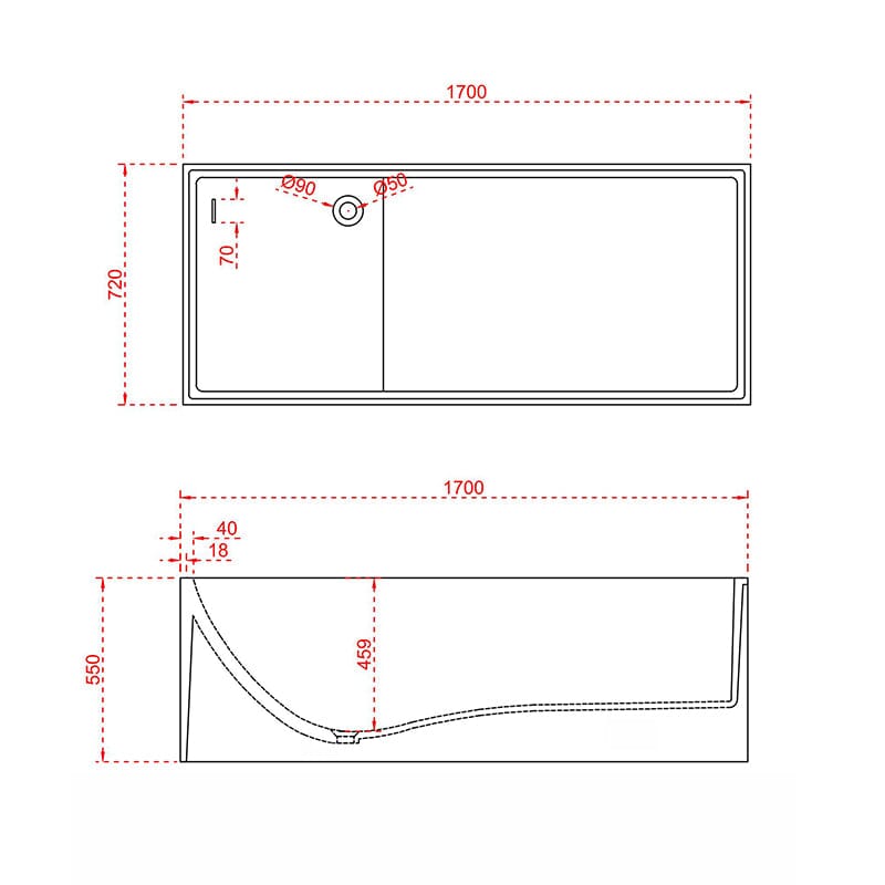 Dimensional details of a 67&quot; freestanding rectangular bathtub with ergonomic backrest
