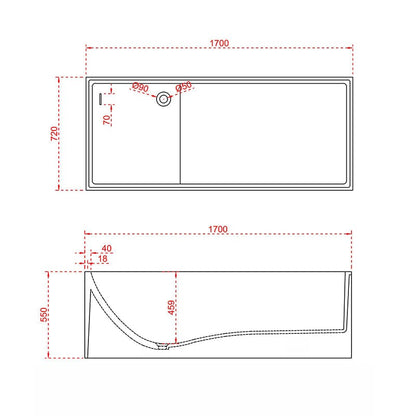 Dimensional details of a 67&quot; freestanding rectangular bathtub with ergonomic backrest