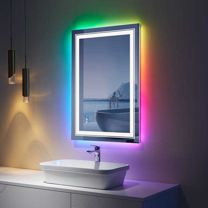 RGB LED Light Bathroom Vanity Mirror Small Rectangular Frameless Anti Fog