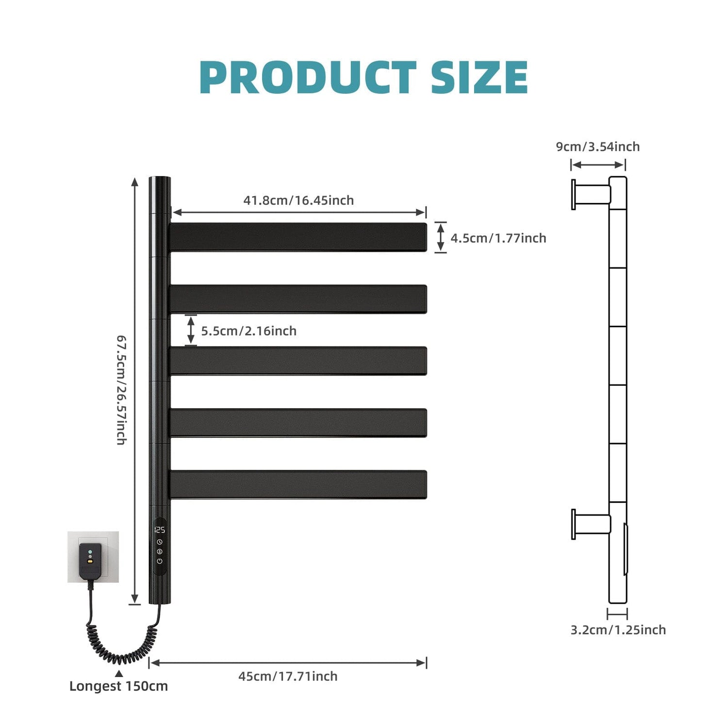 Heated Towel Racks for Bathroom, 180° Rotating Wall Mounted Towel Warmer with Flat 5 Bar