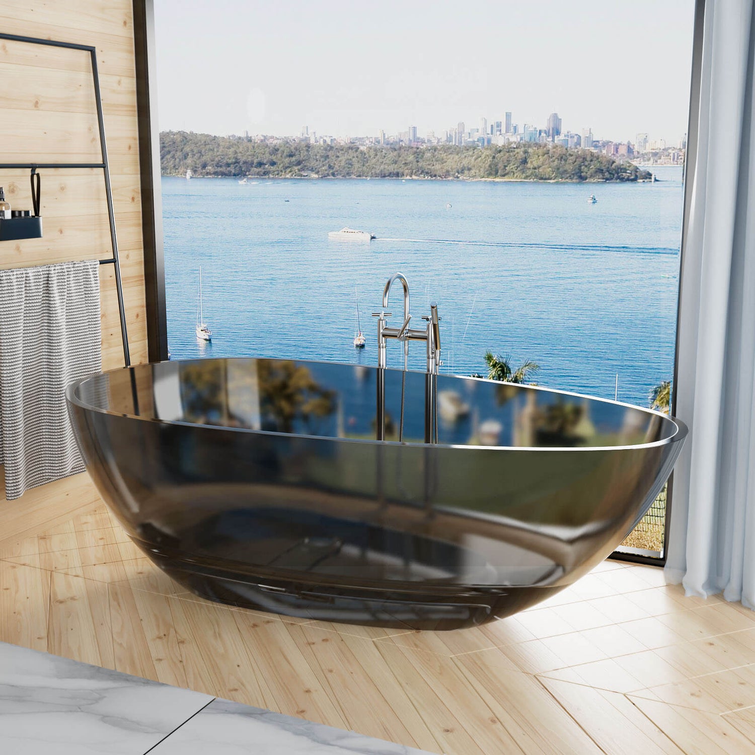 71&quot; Modern Art Resin Tub, Transparent Egg Shape Freestanding Soaking Bathtub for Hotels