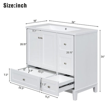 36-Inch Freestanding Drawer Bathroom Vanity with USB Charging and Single Sink