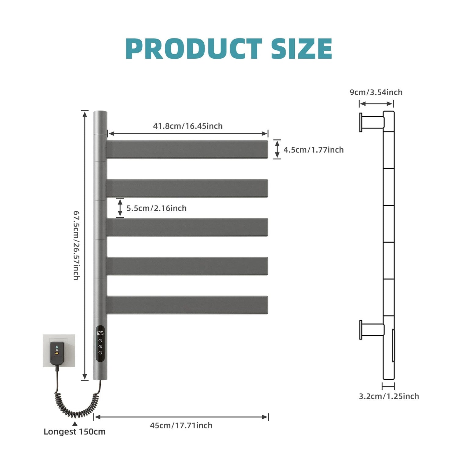 Heated Towel Racks for Bathroom, 180° Rotating Wall Mounted Towel Warmer with Flat 5 Bar