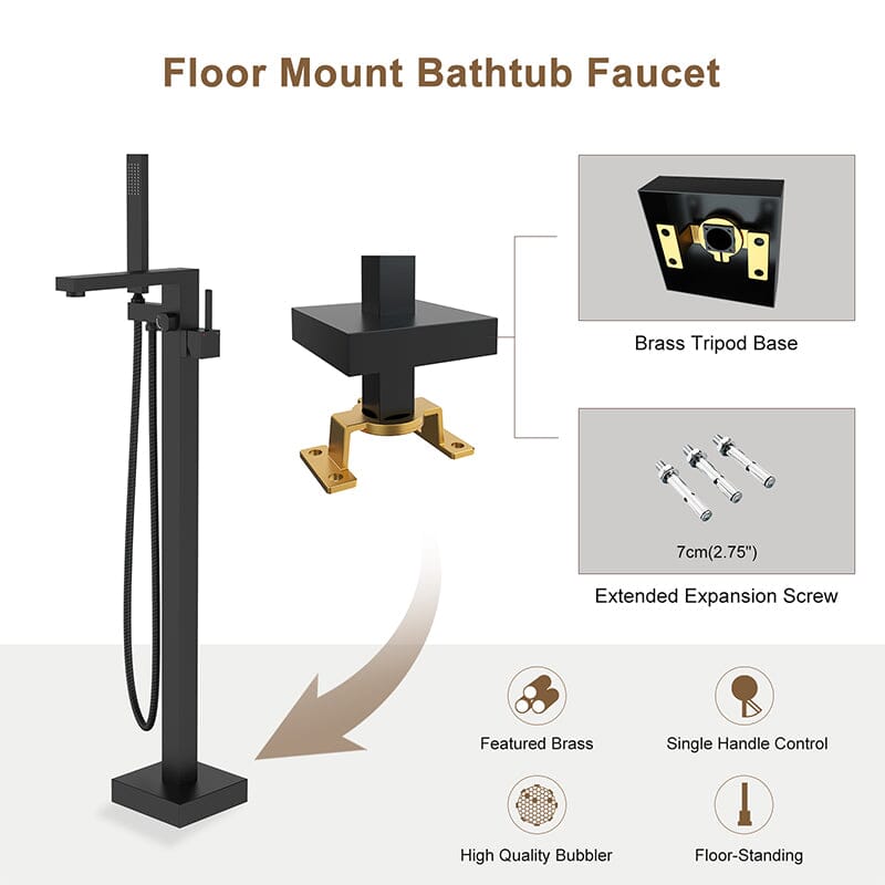 Matte Black Freestanding Bathtub Faucet Floor Mount Tub Filler Single Handle with Hand Shower