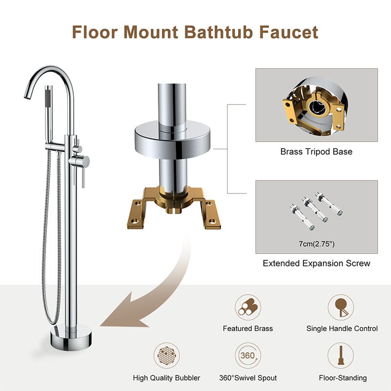 Freestanding Tub Filler Floor Mount Bathtub Faucet with Handheld Shower Chrome
