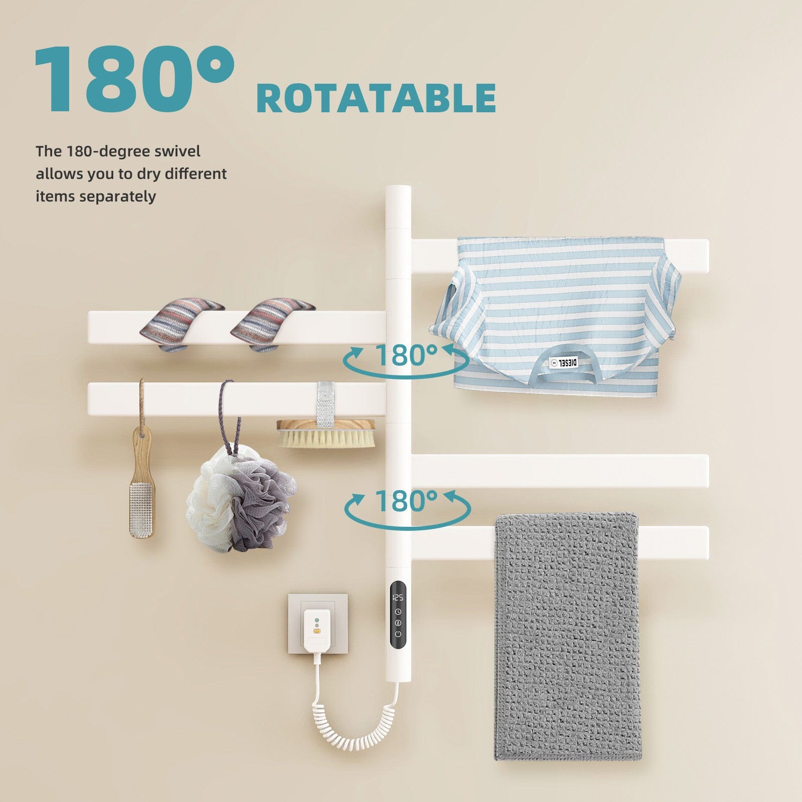 Heated Towel Racks for Bathroom, 180° Rotating Wall Mounted Towel Warmer with Flat 5 Bar