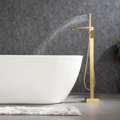 180° Rotation Brushed Gold Modern Freestanding Tub Filler Faucet with Hand Shower