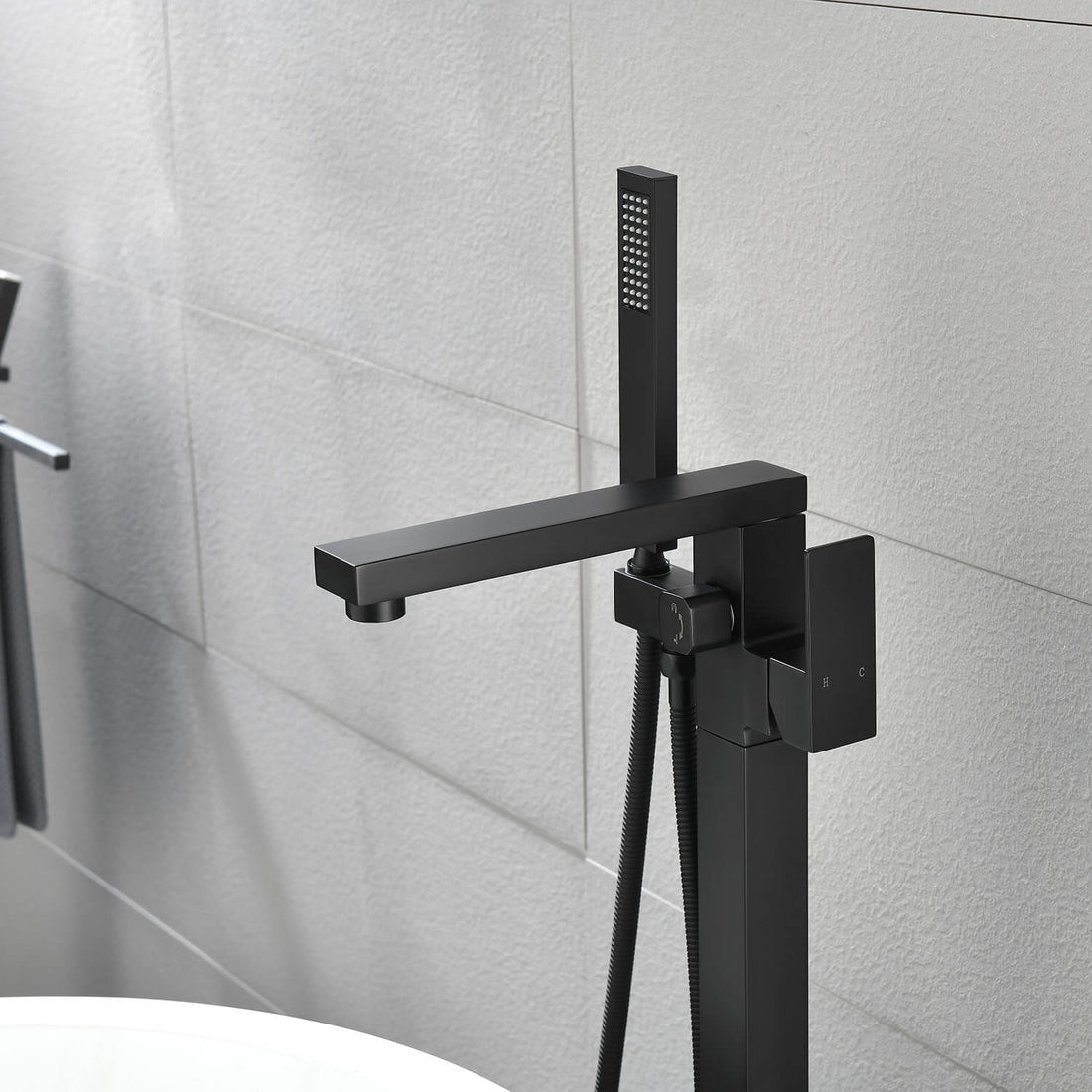 Matte Black Freestanding Bathtub Faucet Floor Mount Tub Filler Single Handle with Hand Shower