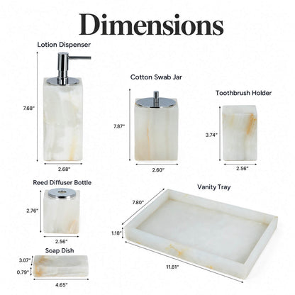Dimensions of the 6-piece white jade marble bathroom accessory set and rectangular vanity tray