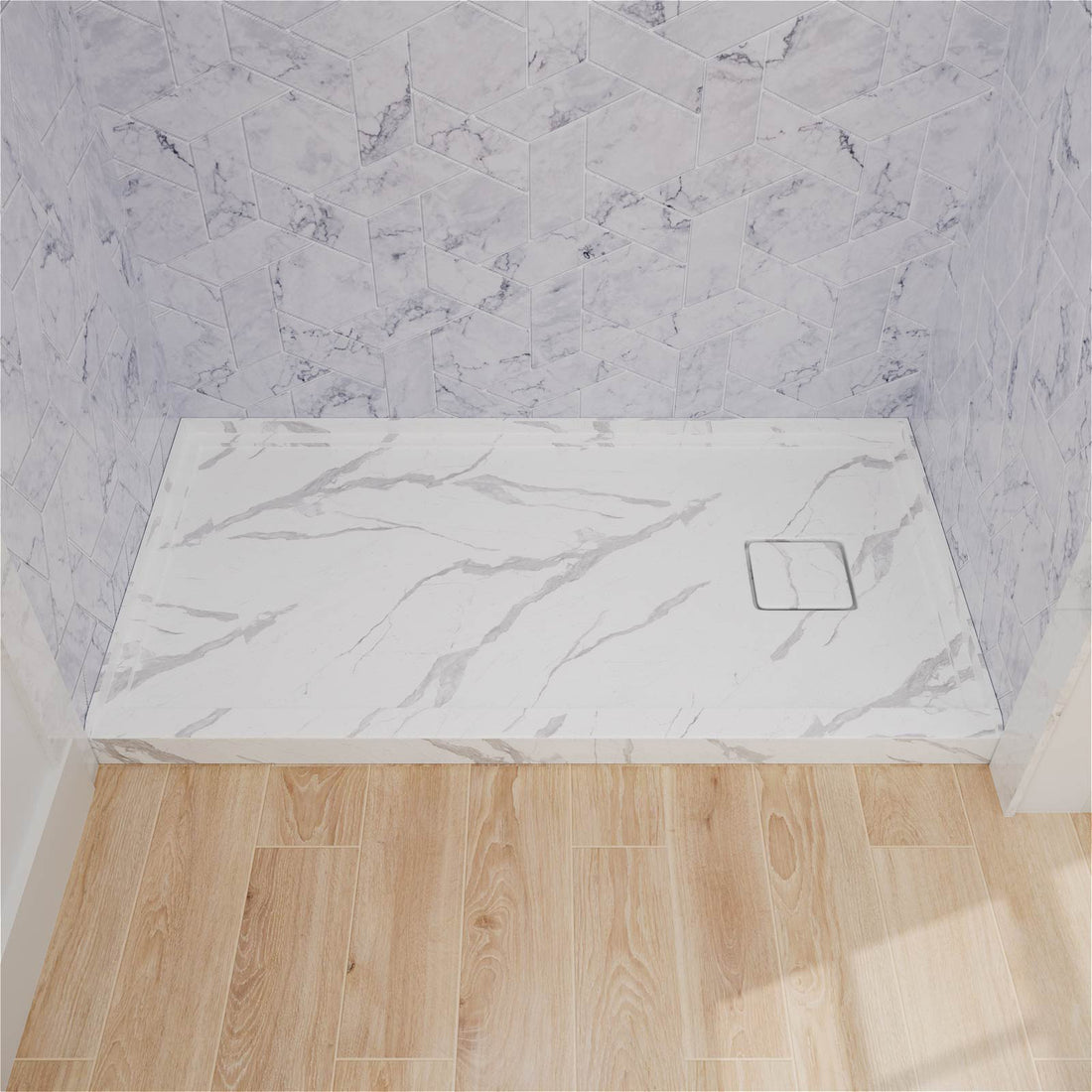 60 IN x 32 IN One Piece Marble Pattern Shower Pan with Right Drain